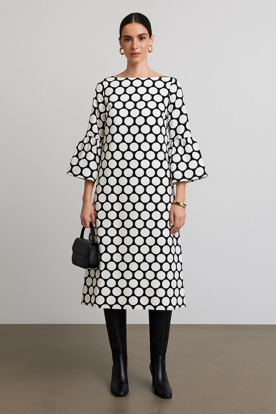 Dries Van Noten Polka Dot Bell Sleeve Mod Dress Black White 38 Cotton 6